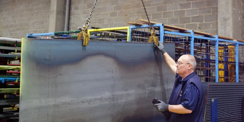 Steel expert holding a steel sheet carried by a crane