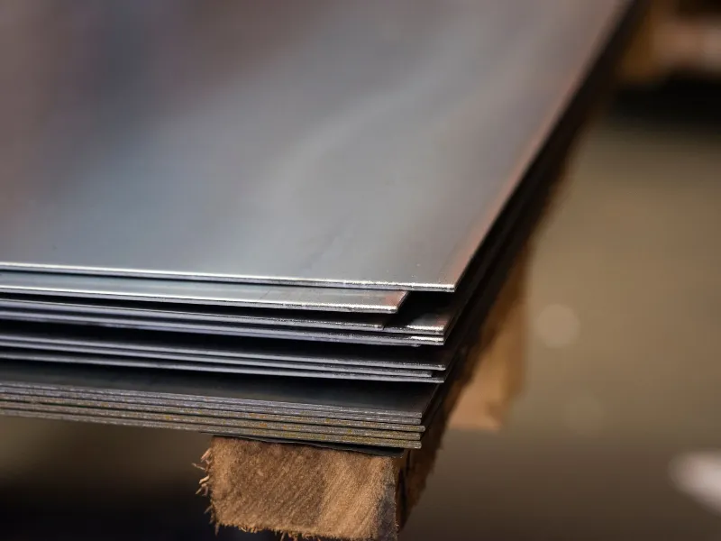 A close-up stack of smooth, silver steel sheets resting on a wooden support, showing the clean, uniform edges of each metal sheet.
