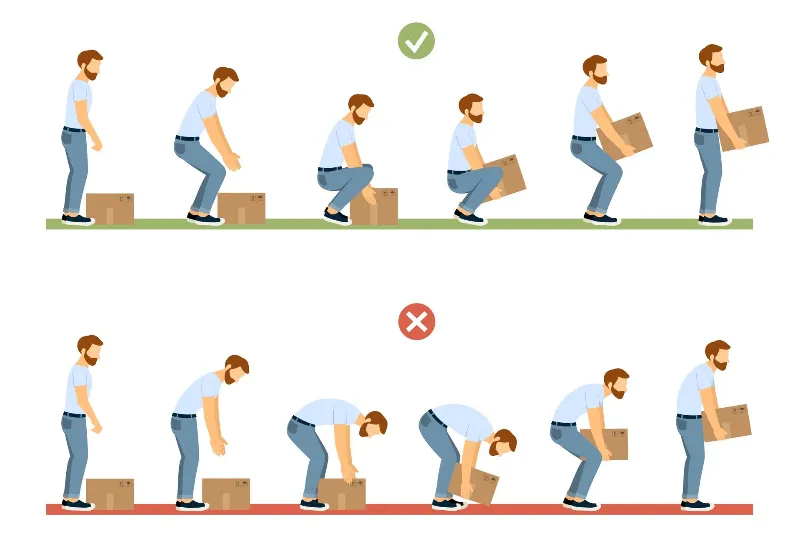 lifting technique. safety moving and load heavy objects body ergonomic positions.