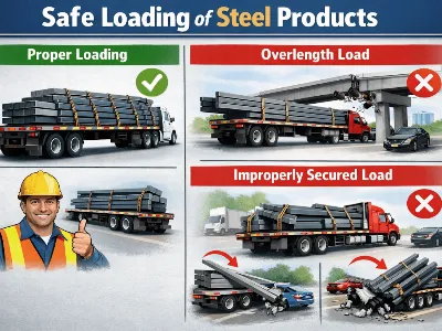 Infographic showing proper vs improper loading of steel products on trucks, highlighting safe securing and overlength load risks