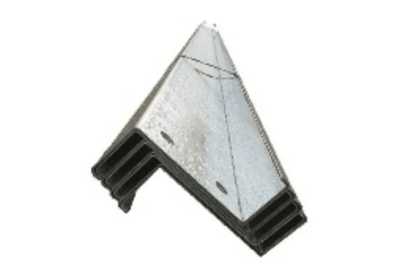 Triangular metal wedge with black ribbed feet, a support/leveling tool.