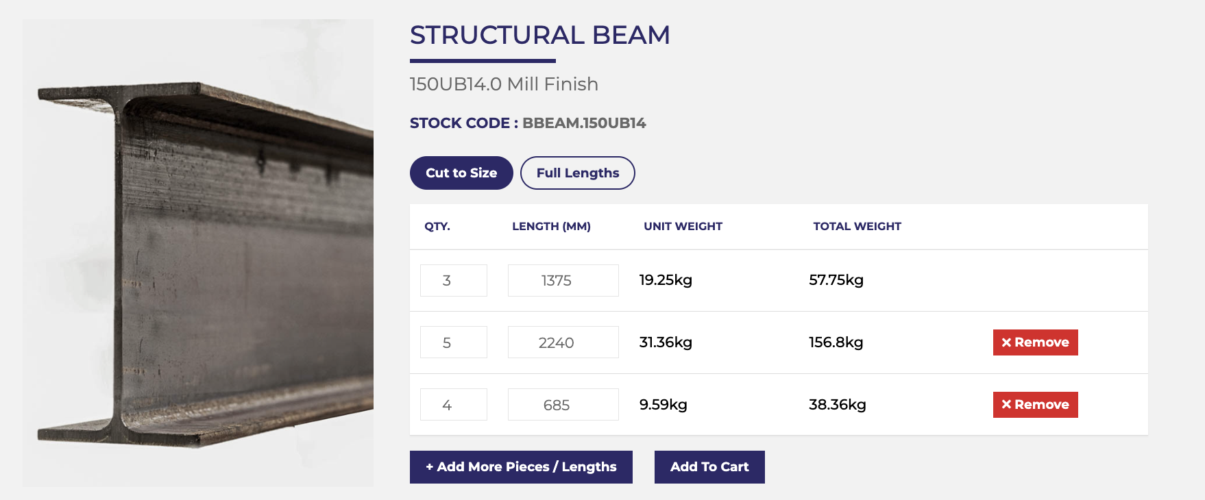 Structural steel beam with a product panel showing 150UB14.0 Mill Finish and cut-to-size/full-length options.