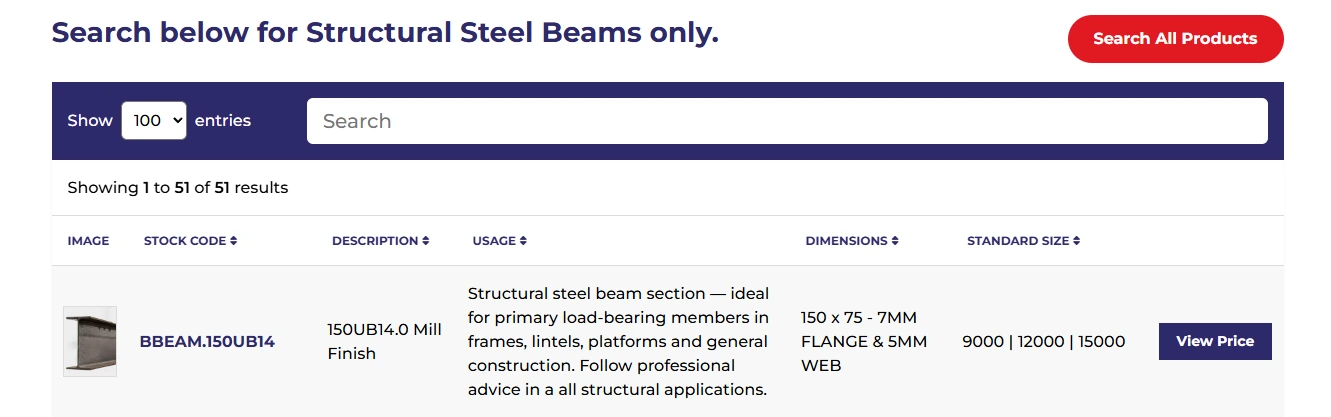 Product listing for structural steel beams with one row: image thumbnail, code BBEAM.150UB14, specs, and View Price button.