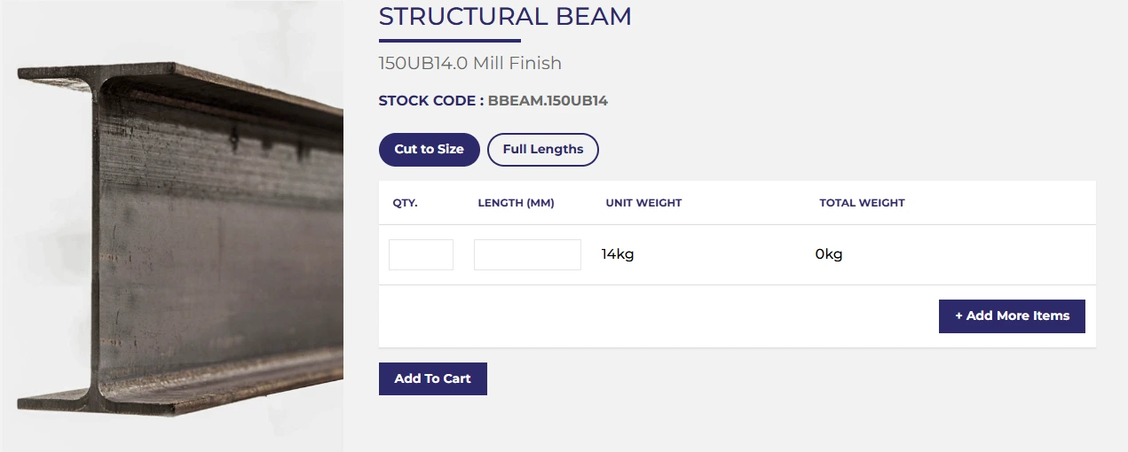 Close-up of a structural steel I-beam (mill finish) beside a product details panel and Add to Cart button on a product page.