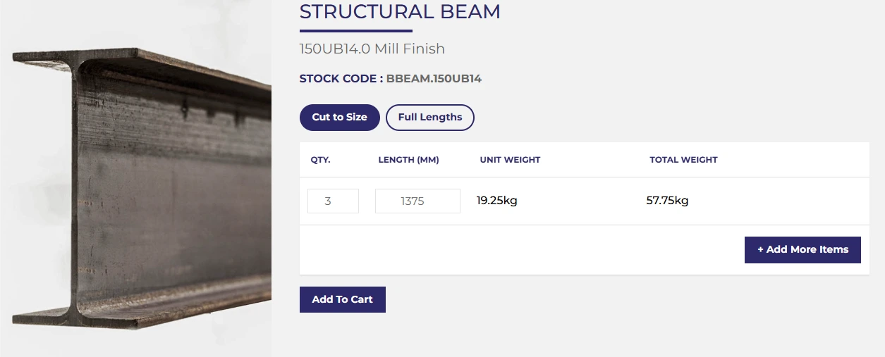 Structural steel I-beam cross-section on the left, product details for 150UB14 beam on the right