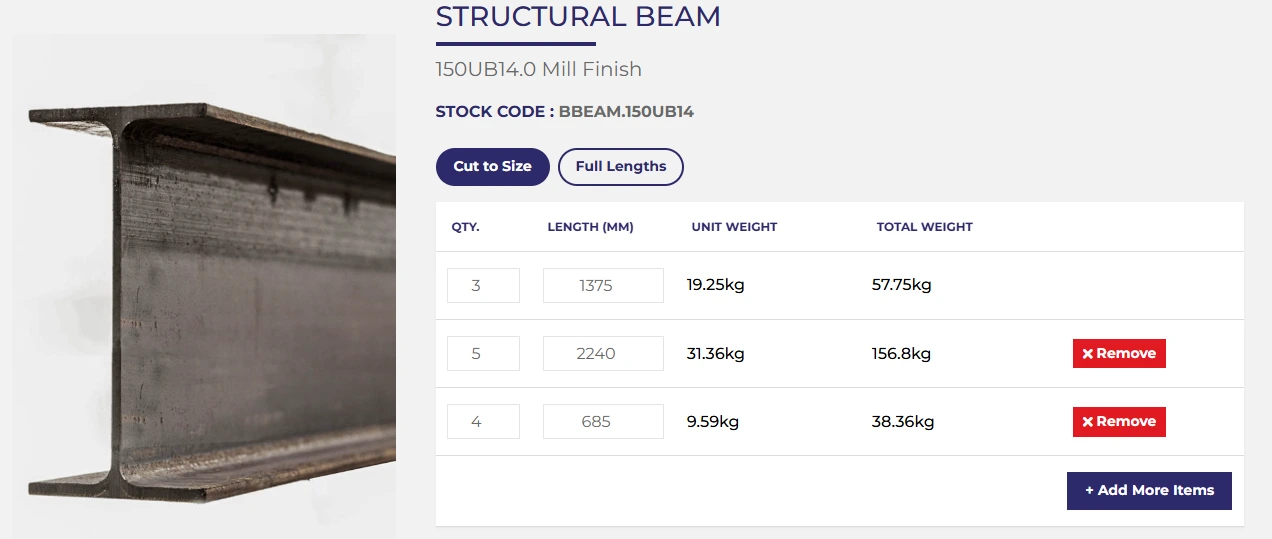 I-beam cross-section of a structural steel beam against a light background, with product title STRUCTURAL BEAM and mill finish detail shown on the right side.