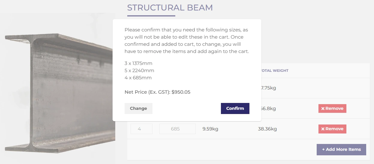 Metal structural I-beam on the left with a centered pop-up dialog titled STRUCTURAL BEAM listing sizes and net price, over a pale page layout on the right.