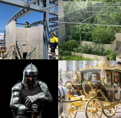 Collage showing: building under construction with steel framework; lush greenhouse; suit of armor knight; gold ornamental carriage.