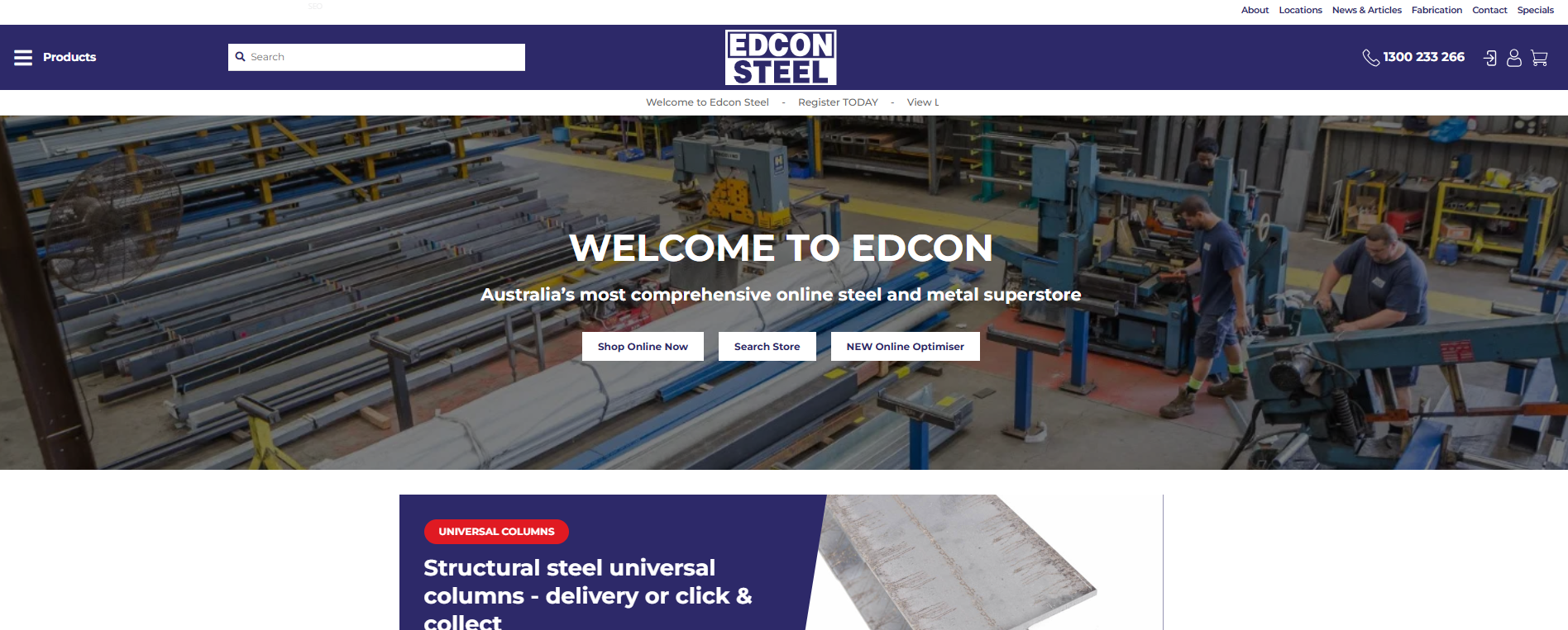 Hero banner welcoming visitors to Edcon Steel with a busy steel fabrication workshop and workers in the background.